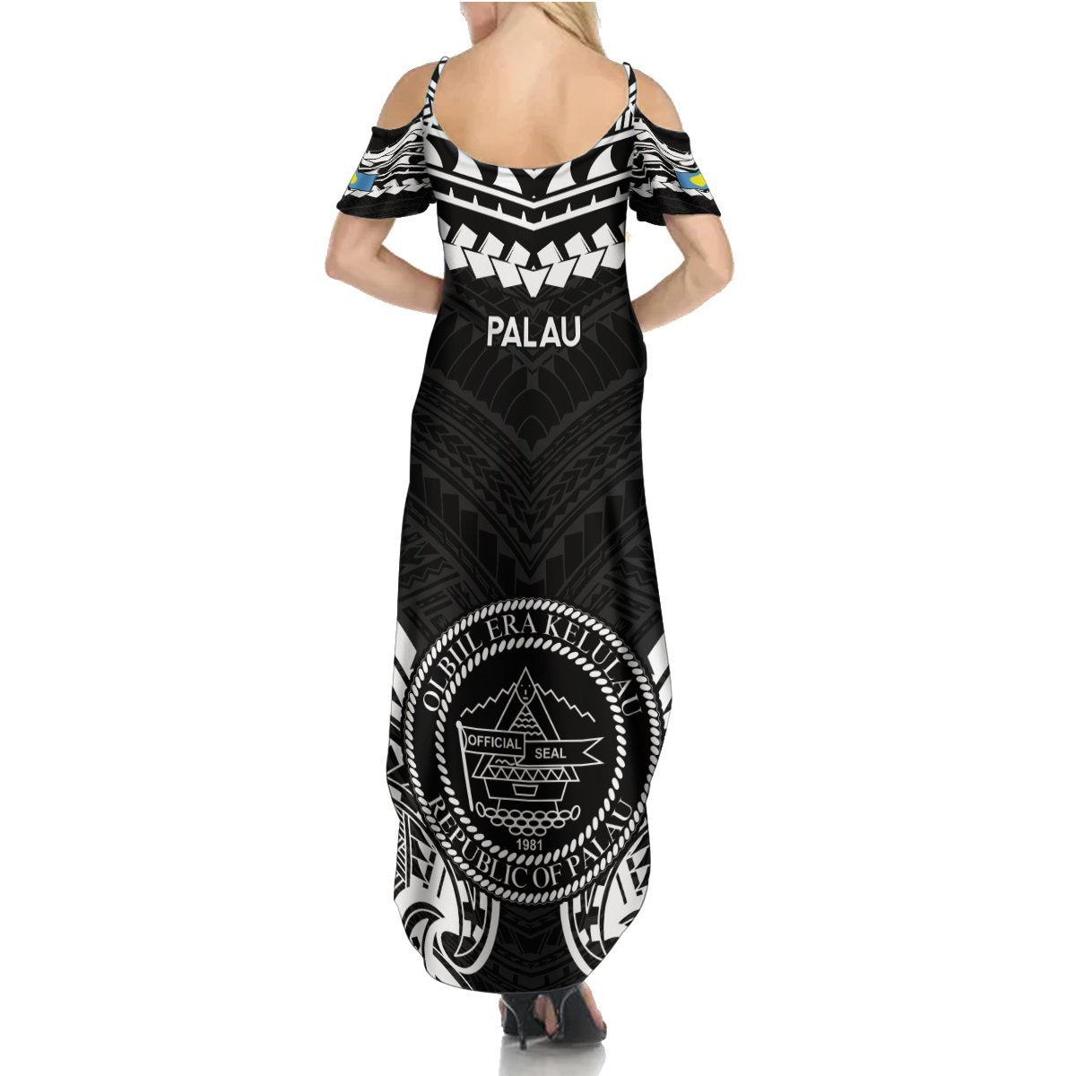 Palau Constitution Day Summer Maxi Dress Belau Seal With Polynesian Pattern - Black LT14 - Polynesian Pride