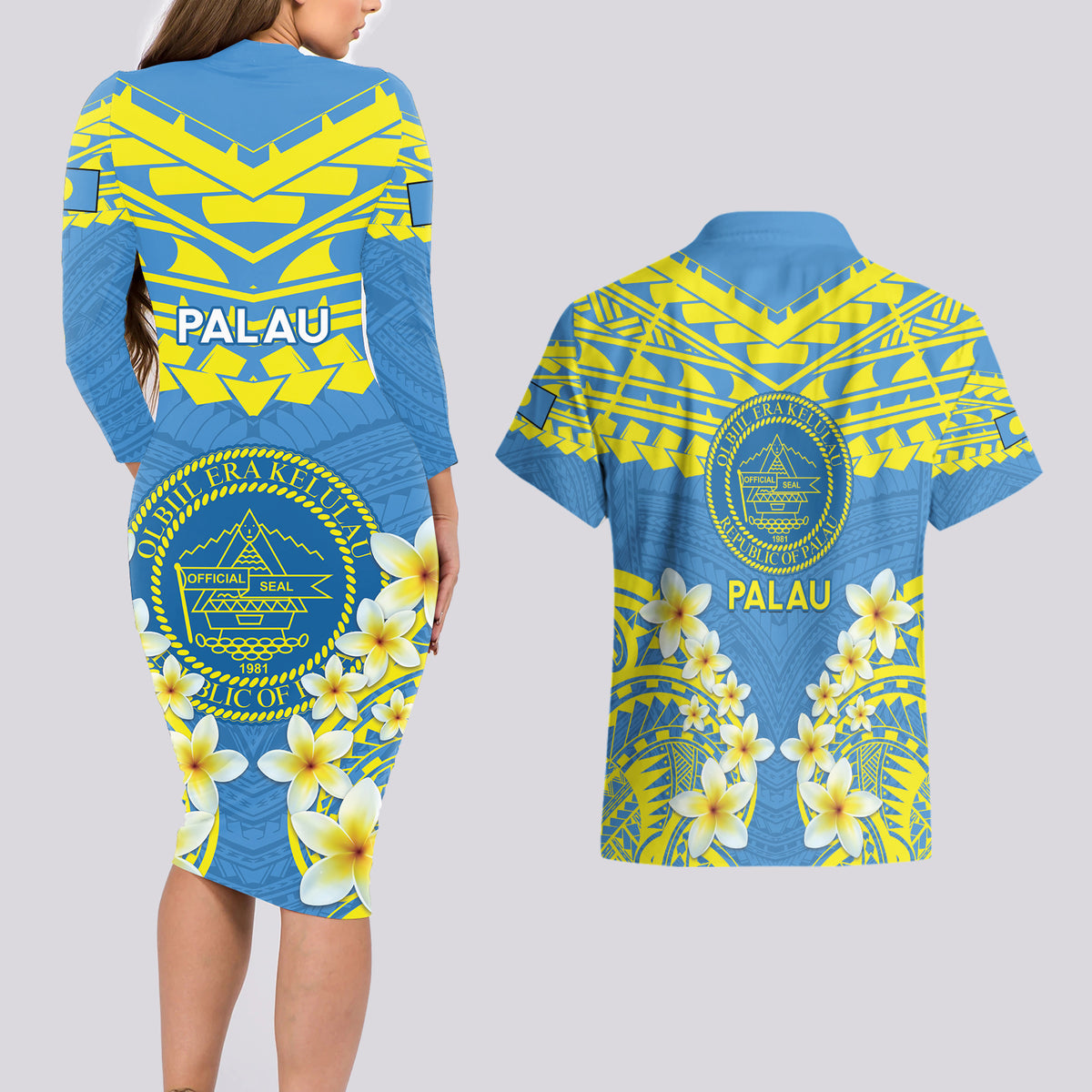 Palau Constitution Day Couples Matching Long Sleeve Bodycon Dress and Hawaiian Shirt Belau Seal With Frangipani Polynesian Pattern - Blue LT14 - Polynesian Pride