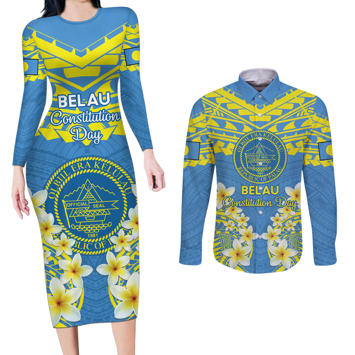 Palau Constitution Day Couples Matching Long Sleeve Bodycon Dress and Long Sleeve Button Shirt Belau Seal With Frangipani Polynesian Pattern - Blue LT14 Blue - Polynesian Pride