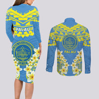 Palau Constitution Day Couples Matching Long Sleeve Bodycon Dress and Long Sleeve Button Shirt Belau Seal With Frangipani Polynesian Pattern - Blue LT14 - Polynesian Pride