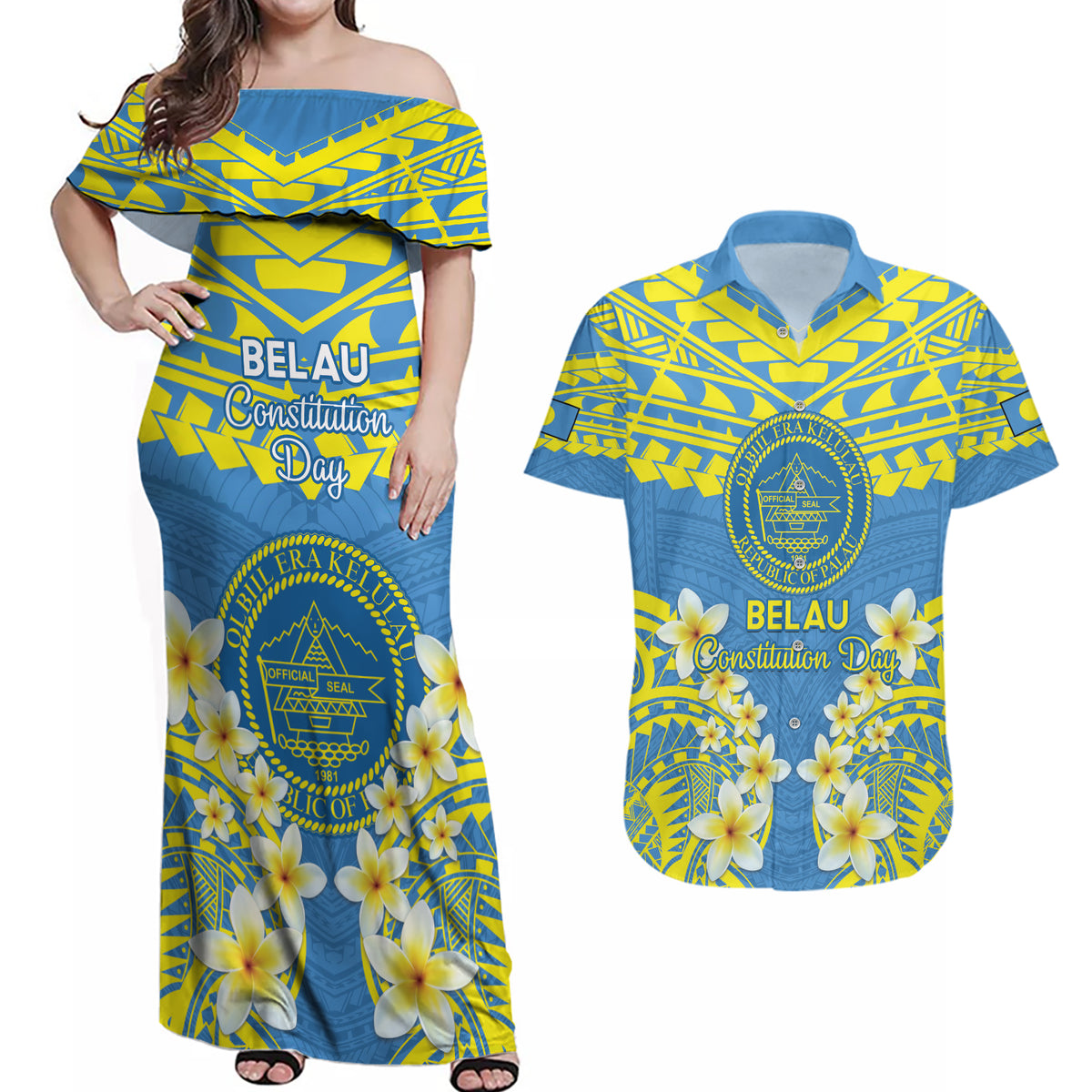 Palau Constitution Day Couples Matching Off Shoulder Maxi Dress and Hawaiian Shirt Belau Seal With Frangipani Polynesian Pattern - Blue LT14 Blue - Polynesian Pride