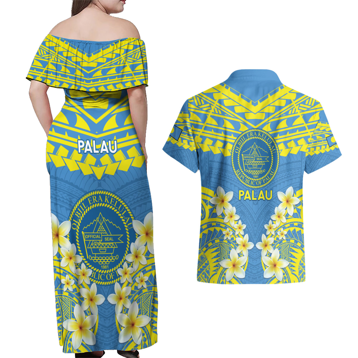 Palau Constitution Day Couples Matching Off Shoulder Maxi Dress and Hawaiian Shirt Belau Seal With Frangipani Polynesian Pattern - Blue LT14 - Polynesian Pride