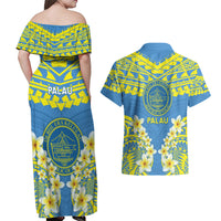 Palau Constitution Day Couples Matching Off Shoulder Maxi Dress and Hawaiian Shirt Belau Seal With Frangipani Polynesian Pattern - Blue LT14 - Polynesian Pride