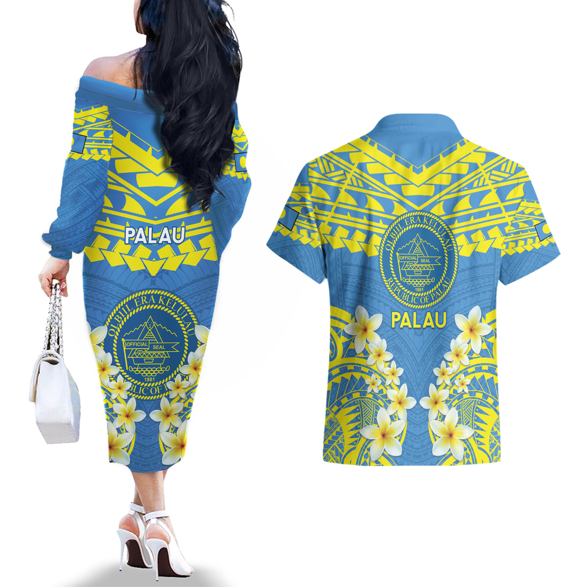 Palau Constitution Day Couples Matching Off The Shoulder Long Sleeve Dress and Hawaiian Shirt Belau Seal With Frangipani Polynesian Pattern - Blue LT14 - Polynesian Pride