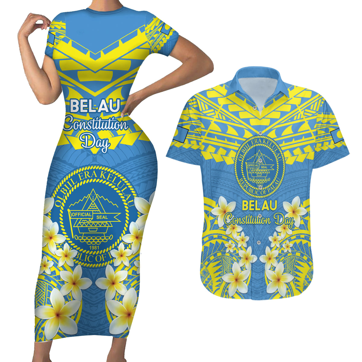 Palau Constitution Day Couples Matching Short Sleeve Bodycon Dress and Hawaiian Shirt Belau Seal With Frangipani Polynesian Pattern - Blue LT14 Blue - Polynesian Pride