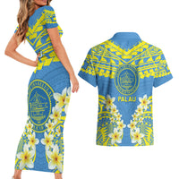 Palau Constitution Day Couples Matching Short Sleeve Bodycon Dress and Hawaiian Shirt Belau Seal With Frangipani Polynesian Pattern - Blue LT14 - Polynesian Pride