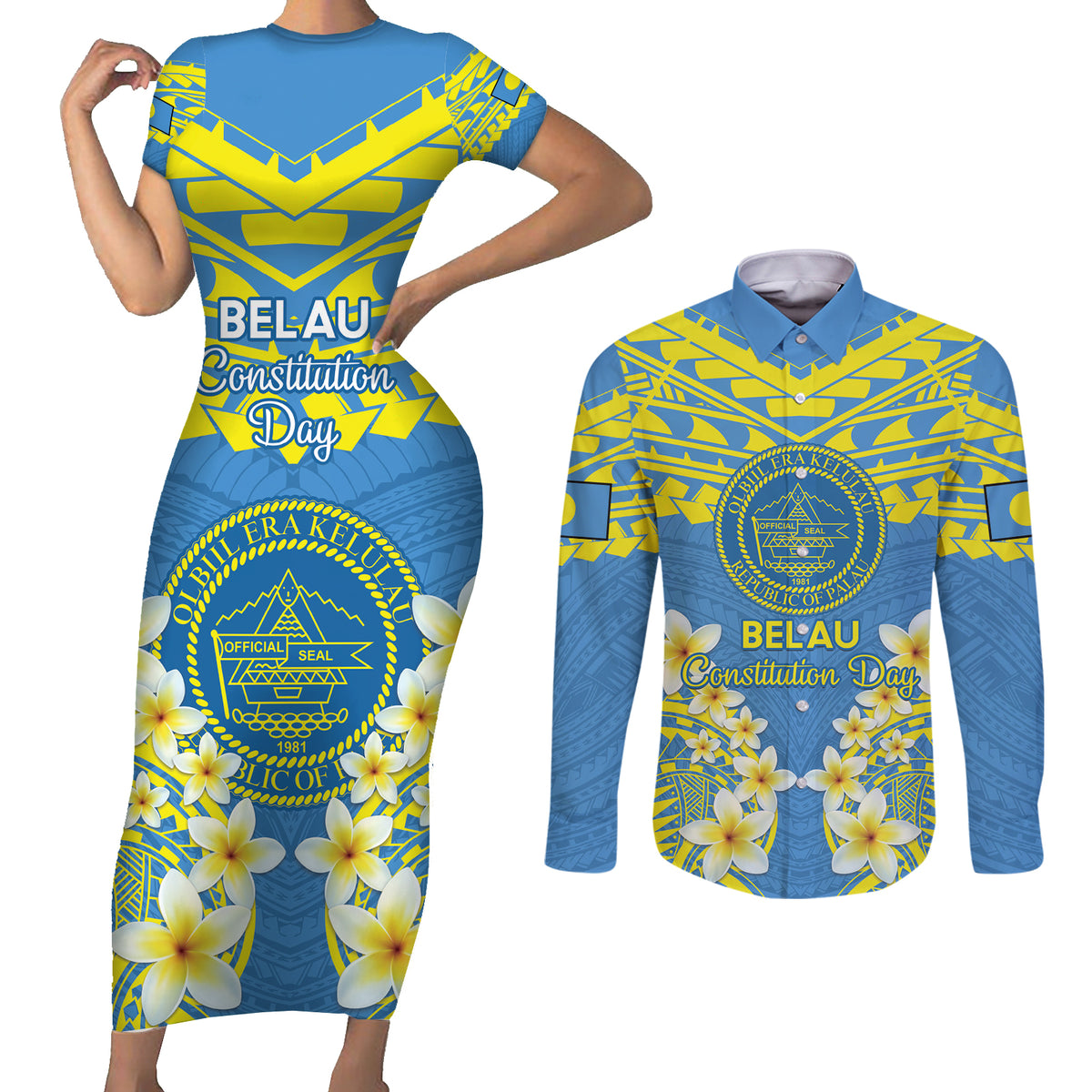 Palau Constitution Day Couples Matching Short Sleeve Bodycon Dress and Long Sleeve Button Shirt Belau Seal With Frangipani Polynesian Pattern - Blue LT14 Blue - Polynesian Pride