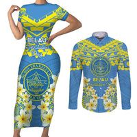 Palau Constitution Day Couples Matching Short Sleeve Bodycon Dress and Long Sleeve Button Shirt Belau Seal With Frangipani Polynesian Pattern - Blue LT14 Blue - Polynesian Pride