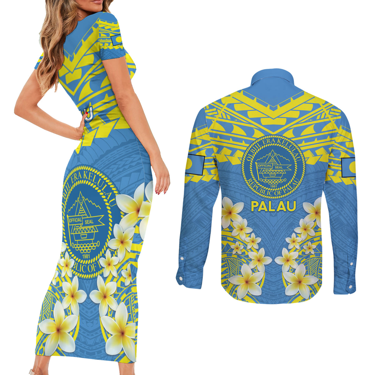 Palau Constitution Day Couples Matching Short Sleeve Bodycon Dress and Long Sleeve Button Shirt Belau Seal With Frangipani Polynesian Pattern - Blue LT14 - Polynesian Pride
