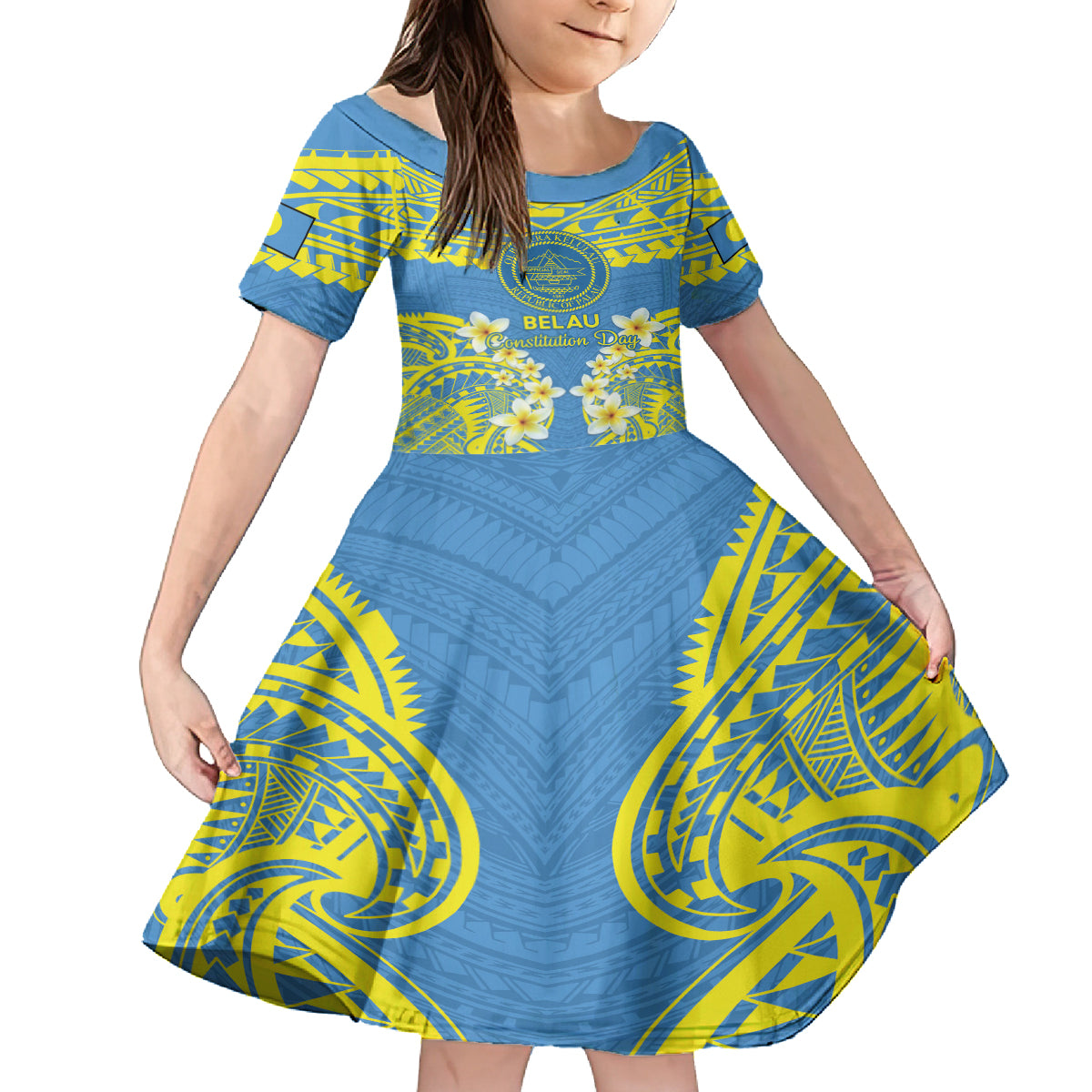 Palau Constitution Day Family Matching Long Sleeve Bodycon Dress and Hawaiian Shirt Belau Seal With Frangipani Polynesian Pattern - Blue LT14 Daughter's Dress Blue - Polynesian Pride