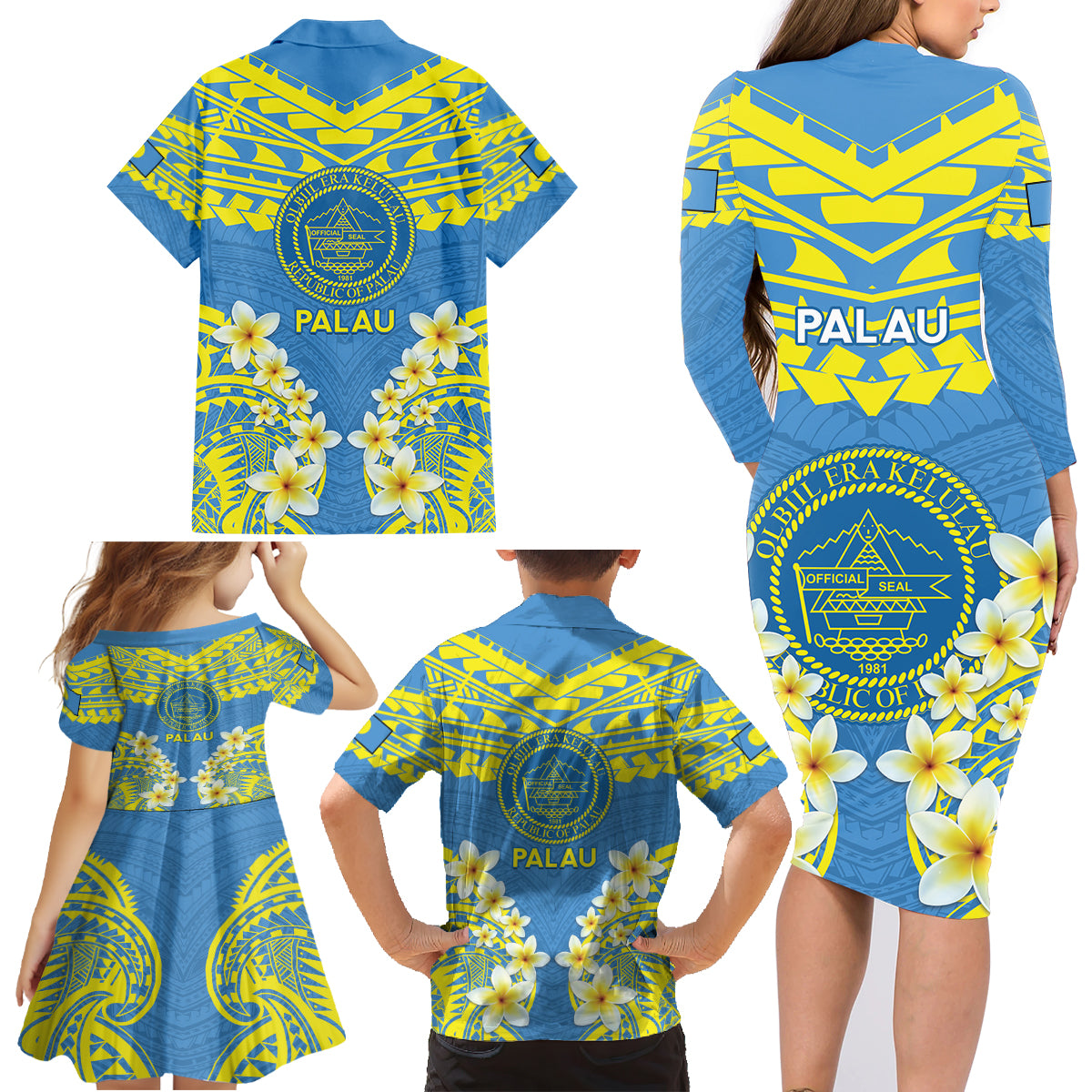 Palau Constitution Day Family Matching Long Sleeve Bodycon Dress and Hawaiian Shirt Belau Seal With Frangipani Polynesian Pattern - Blue LT14 - Polynesian Pride