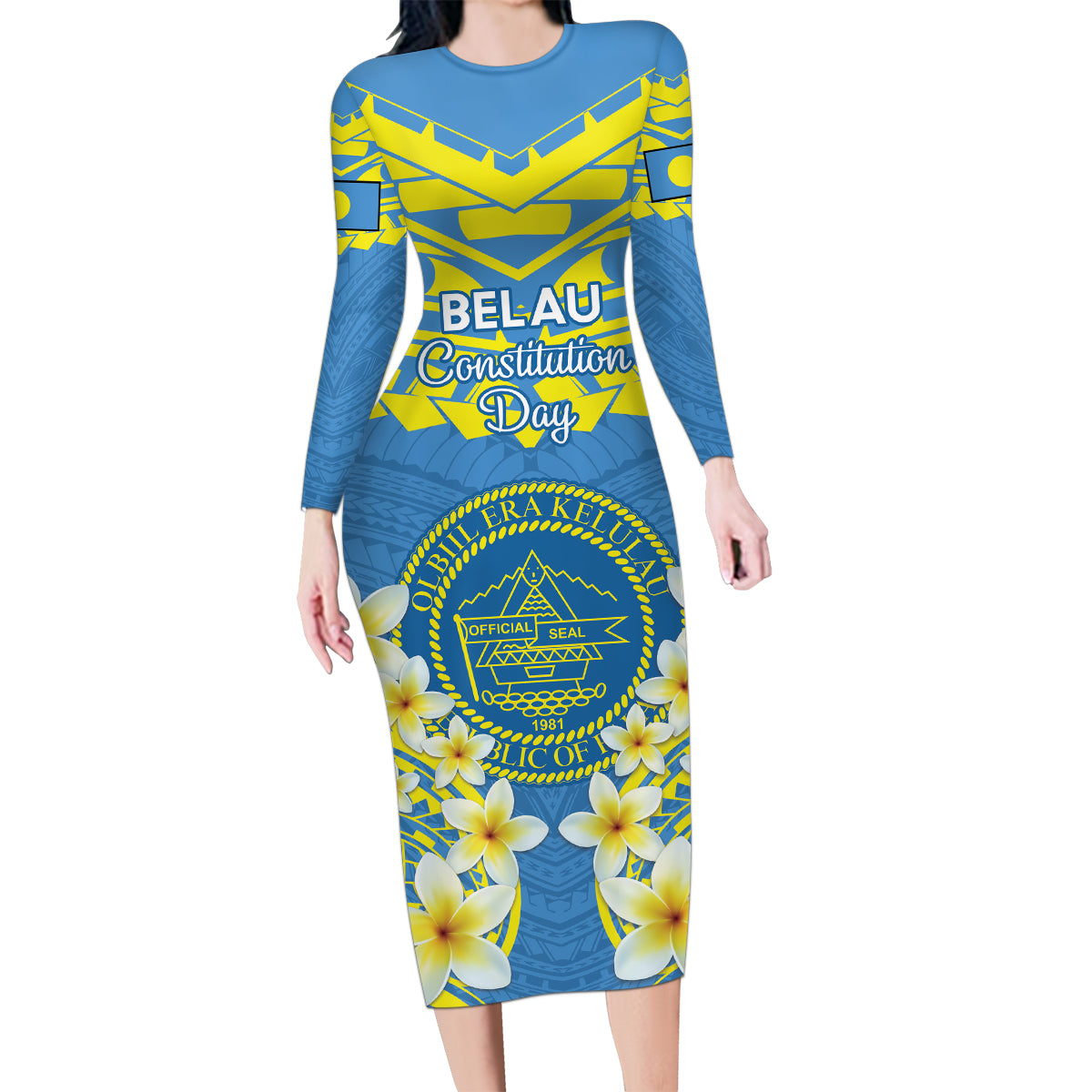Palau Constitution Day Family Matching Long Sleeve Bodycon Dress and Hawaiian Shirt Belau Seal With Frangipani Polynesian Pattern - Blue LT14 Mom's Dress Blue - Polynesian Pride