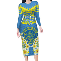 Palau Constitution Day Family Matching Long Sleeve Bodycon Dress and Hawaiian Shirt Belau Seal With Frangipani Polynesian Pattern - Blue LT14 Mom's Dress Blue - Polynesian Pride
