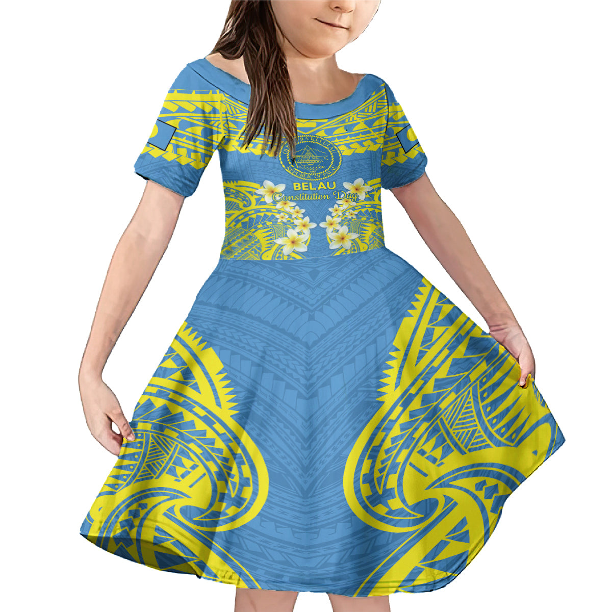 Palau Constitution Day Family Matching Mermaid Dress and Hawaiian Shirt Belau Seal With Frangipani Polynesian Pattern - Blue LT14 Daughter's Dress Blue - Polynesian Pride