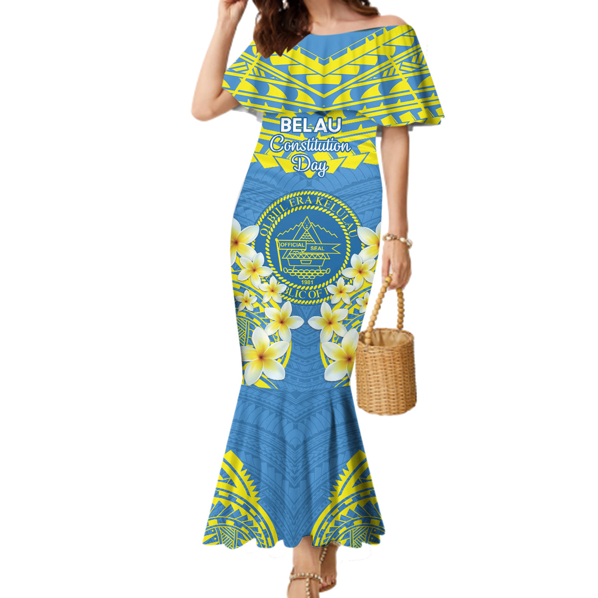 Palau Constitution Day Family Matching Mermaid Dress and Hawaiian Shirt Belau Seal With Frangipani Polynesian Pattern - Blue LT14 Mom's Dress Blue - Polynesian Pride