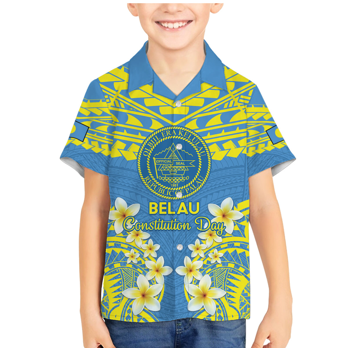 Palau Constitution Day Family Matching Mermaid Dress and Hawaiian Shirt Belau Seal With Frangipani Polynesian Pattern - Blue LT14 Son's Shirt Blue - Polynesian Pride