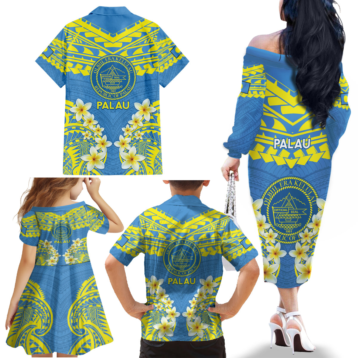 Palau Constitution Day Family Matching Off The Shoulder Long Sleeve Dress and Hawaiian Shirt Belau Seal With Frangipani Polynesian Pattern - Blue LT14 - Polynesian Pride