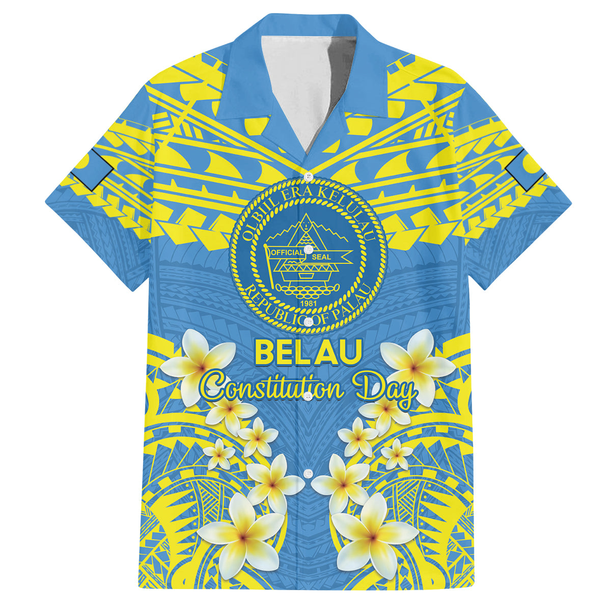 Palau Constitution Day Family Matching Off The Shoulder Long Sleeve Dress and Hawaiian Shirt Belau Seal With Frangipani Polynesian Pattern - Blue LT14 Dad's Shirt - Short Sleeve Blue - Polynesian Pride