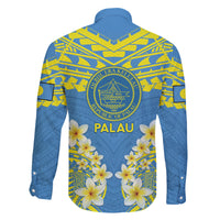 Palau Constitution Day Family Matching Off The Shoulder Long Sleeve Dress and Hawaiian Shirt Belau Seal With Frangipani Polynesian Pattern - Blue LT14 - Polynesian Pride