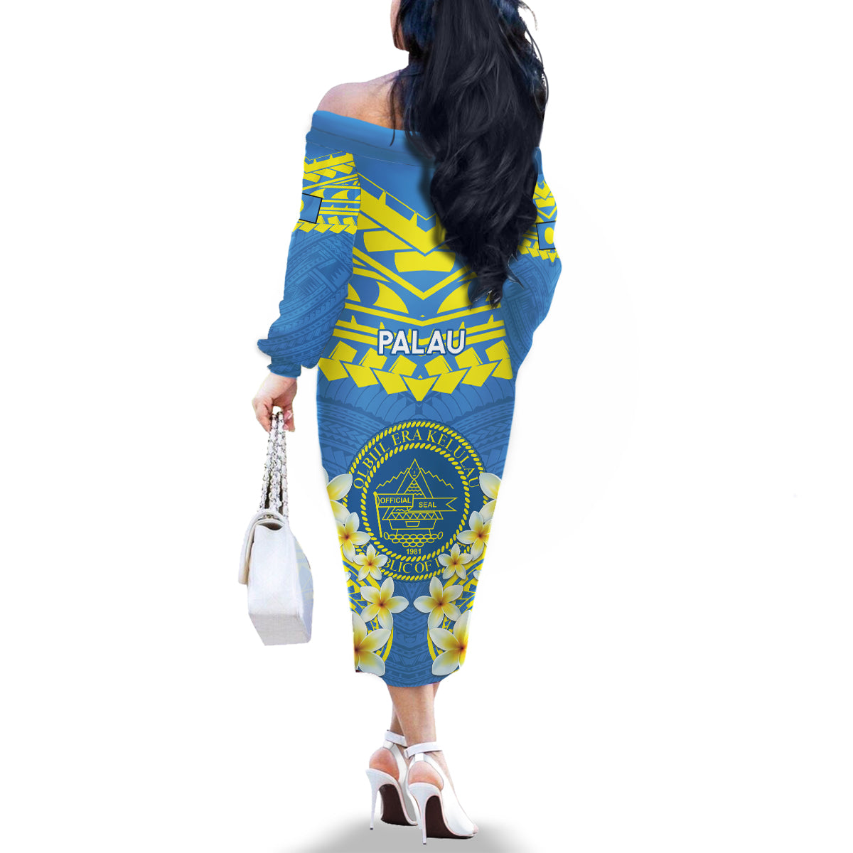 Palau Constitution Day Family Matching Off The Shoulder Long Sleeve Dress and Hawaiian Shirt Belau Seal With Frangipani Polynesian Pattern - Blue LT14 - Polynesian Pride