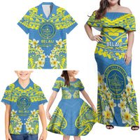 Palau Constitution Day Family Matching Off Shoulder Maxi Dress and Hawaiian Shirt Belau Seal With Frangipani Polynesian Pattern - Blue LT14 - Polynesian Pride