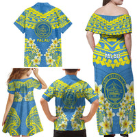 Palau Constitution Day Family Matching Off Shoulder Maxi Dress and Hawaiian Shirt Belau Seal With Frangipani Polynesian Pattern - Blue LT14 - Polynesian Pride