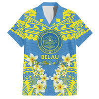 Palau Constitution Day Family Matching Off Shoulder Maxi Dress and Hawaiian Shirt Belau Seal With Frangipani Polynesian Pattern - Blue LT14 Dad's Shirt - Short Sleeve Blue - Polynesian Pride