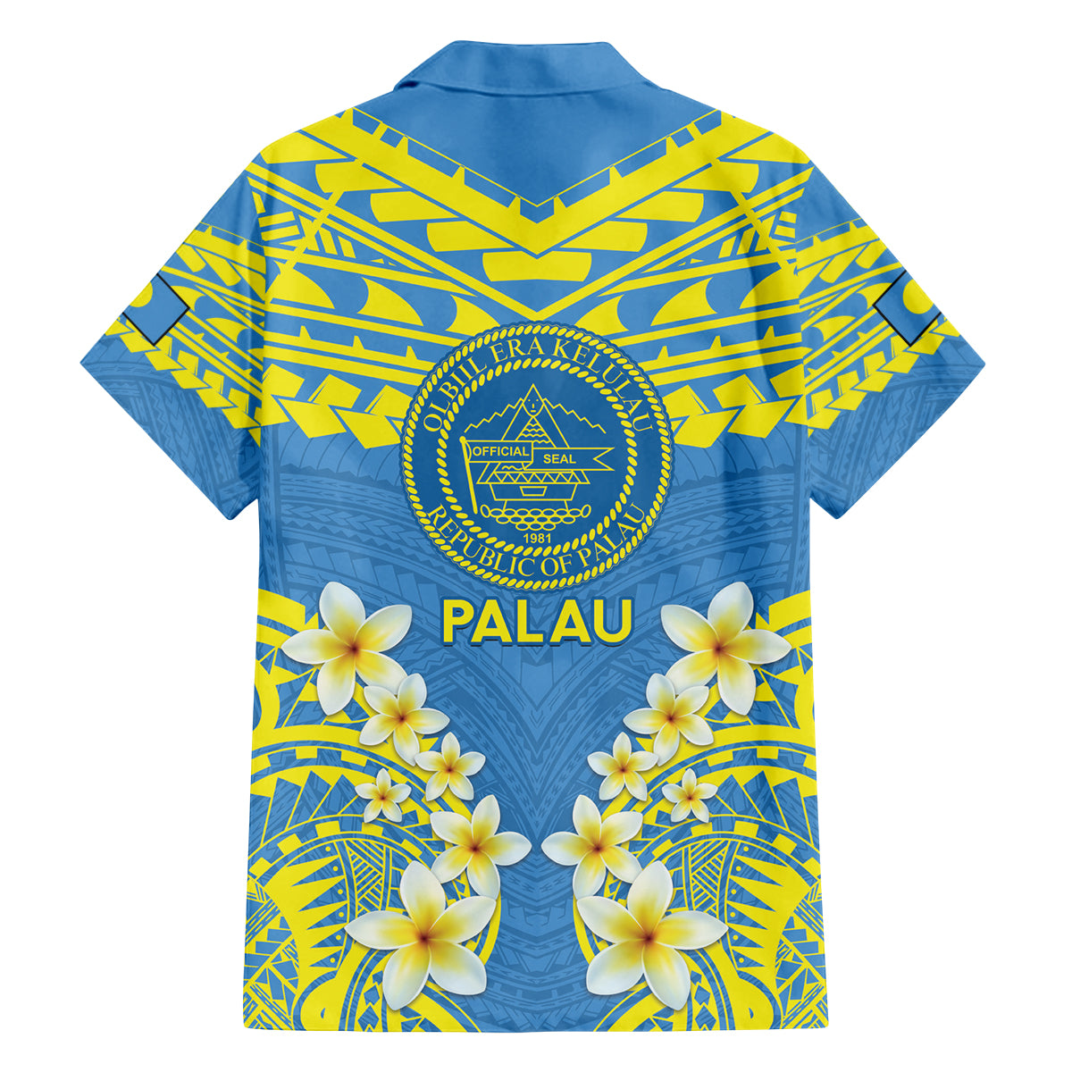 Palau Constitution Day Family Matching Off Shoulder Maxi Dress and Hawaiian Shirt Belau Seal With Frangipani Polynesian Pattern - Blue LT14 - Polynesian Pride