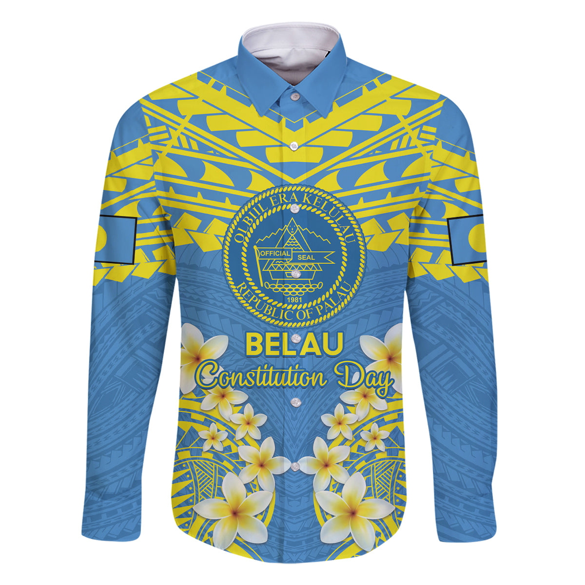 Palau Constitution Day Family Matching Off Shoulder Maxi Dress and Hawaiian Shirt Belau Seal With Frangipani Polynesian Pattern - Blue LT14 Dad's Shirt - Long Sleeve Blue - Polynesian Pride