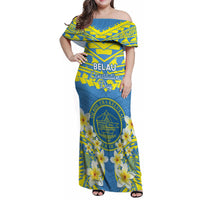 Palau Constitution Day Family Matching Off Shoulder Maxi Dress and Hawaiian Shirt Belau Seal With Frangipani Polynesian Pattern - Blue LT14 Mom's Dress Blue - Polynesian Pride
