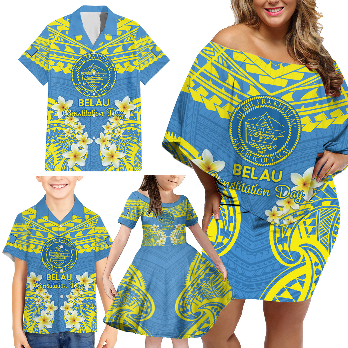 Palau Constitution Day Family Matching Off Shoulder Short Dress and Hawaiian Shirt Belau Seal With Frangipani Polynesian Pattern - Blue LT14 - Polynesian Pride