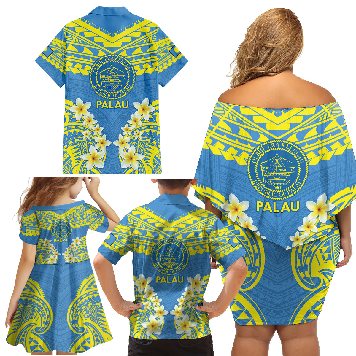 Palau Constitution Day Family Matching Off Shoulder Short Dress and Hawaiian Shirt Belau Seal With Frangipani Polynesian Pattern - Blue LT14 - Polynesian Pride