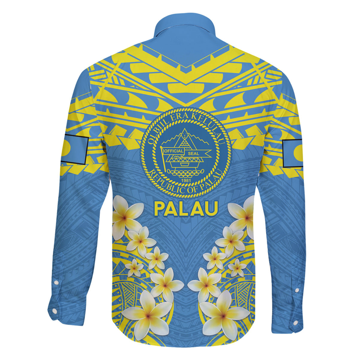 Palau Constitution Day Family Matching Off Shoulder Short Dress and Hawaiian Shirt Belau Seal With Frangipani Polynesian Pattern - Blue LT14 - Polynesian Pride