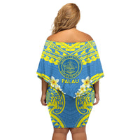 Palau Constitution Day Family Matching Off Shoulder Short Dress and Hawaiian Shirt Belau Seal With Frangipani Polynesian Pattern - Blue LT14 - Polynesian Pride