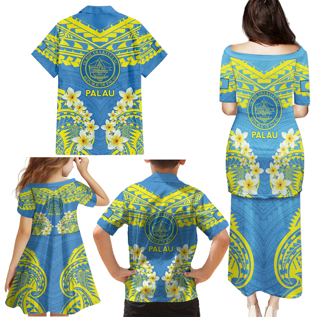 Palau Constitution Day Family Matching Puletasi and Hawaiian Shirt Belau Seal With Frangipani Polynesian Pattern - Blue LT14 - Polynesian Pride