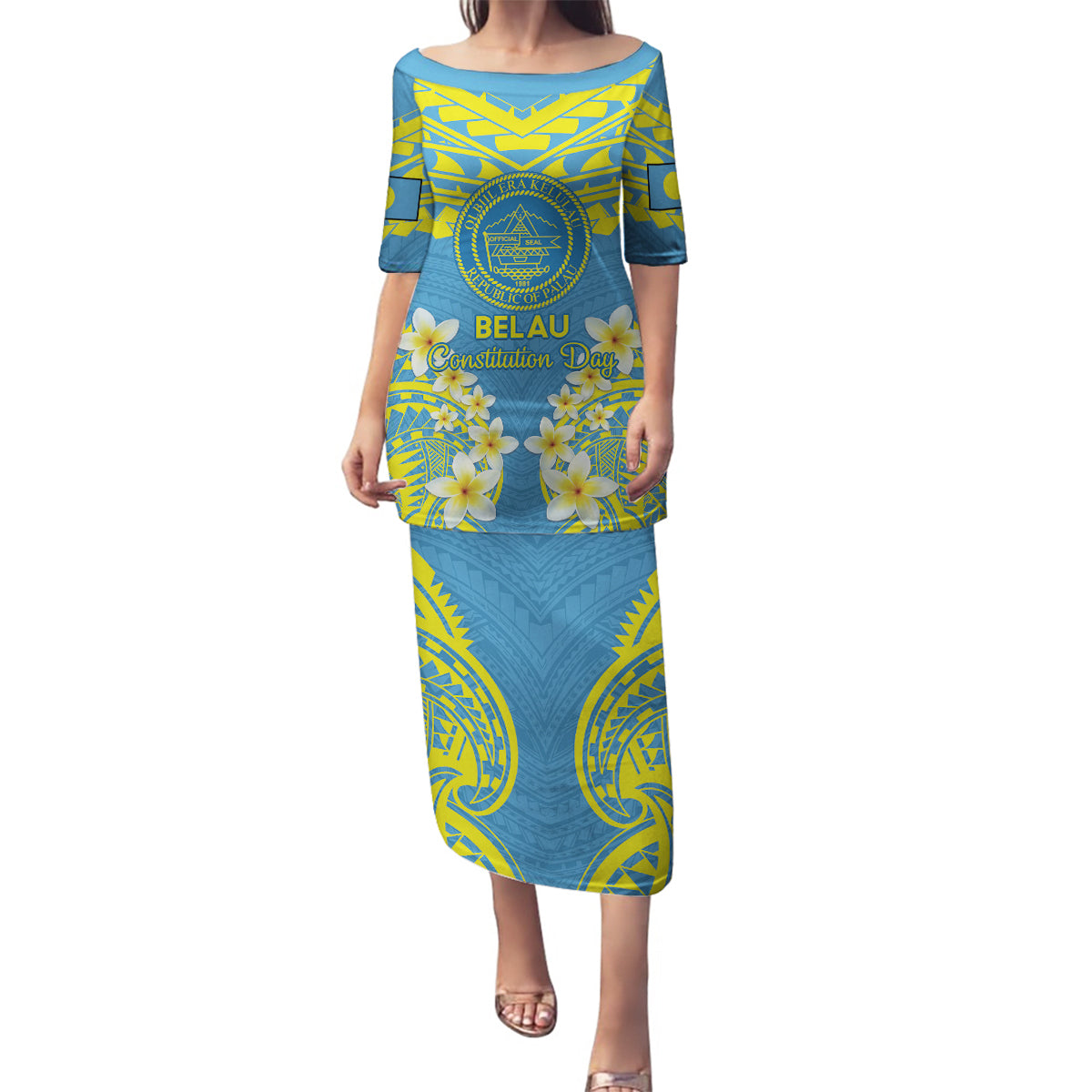 Palau Constitution Day Family Matching Puletasi and Hawaiian Shirt Belau Seal With Frangipani Polynesian Pattern - Blue LT14 Mom's Dress Blue - Polynesian Pride