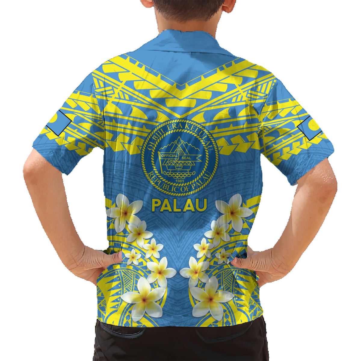 Palau Constitution Day Family Matching Short Sleeve Bodycon Dress and Hawaiian Shirt Belau Seal With Frangipani Polynesian Pattern - Blue LT14 - Polynesian Pride