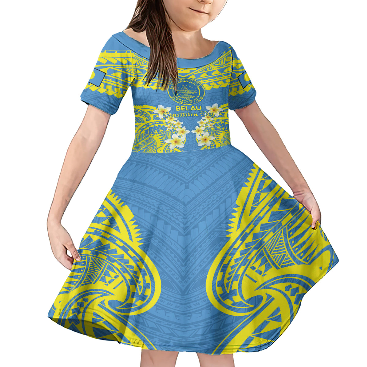 Palau Constitution Day Family Matching Short Sleeve Bodycon Dress and Hawaiian Shirt Belau Seal With Frangipani Polynesian Pattern - Blue LT14 Daughter's Dress Blue - Polynesian Pride