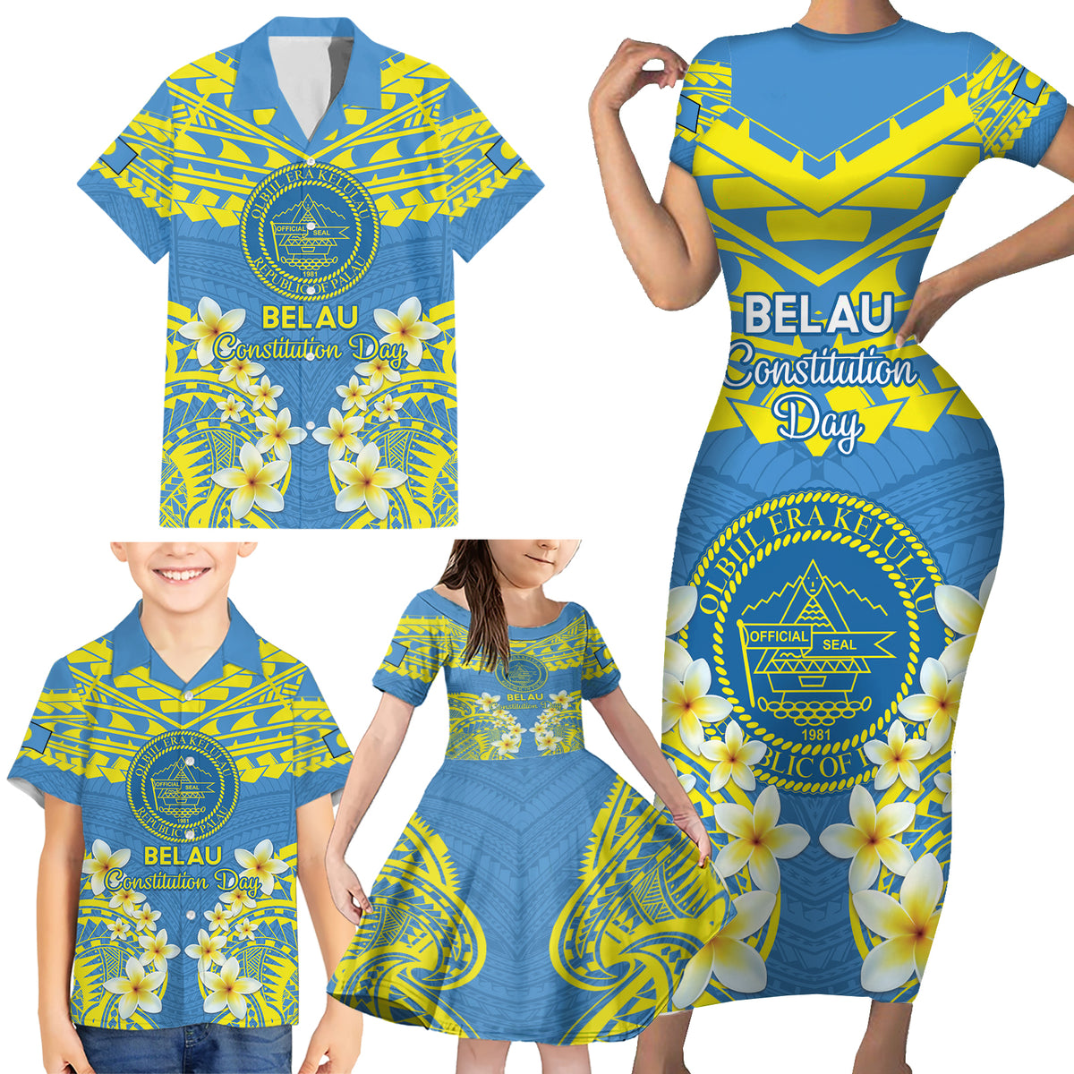Palau Constitution Day Family Matching Short Sleeve Bodycon Dress and Hawaiian Shirt Belau Seal With Frangipani Polynesian Pattern - Blue LT14 - Polynesian Pride