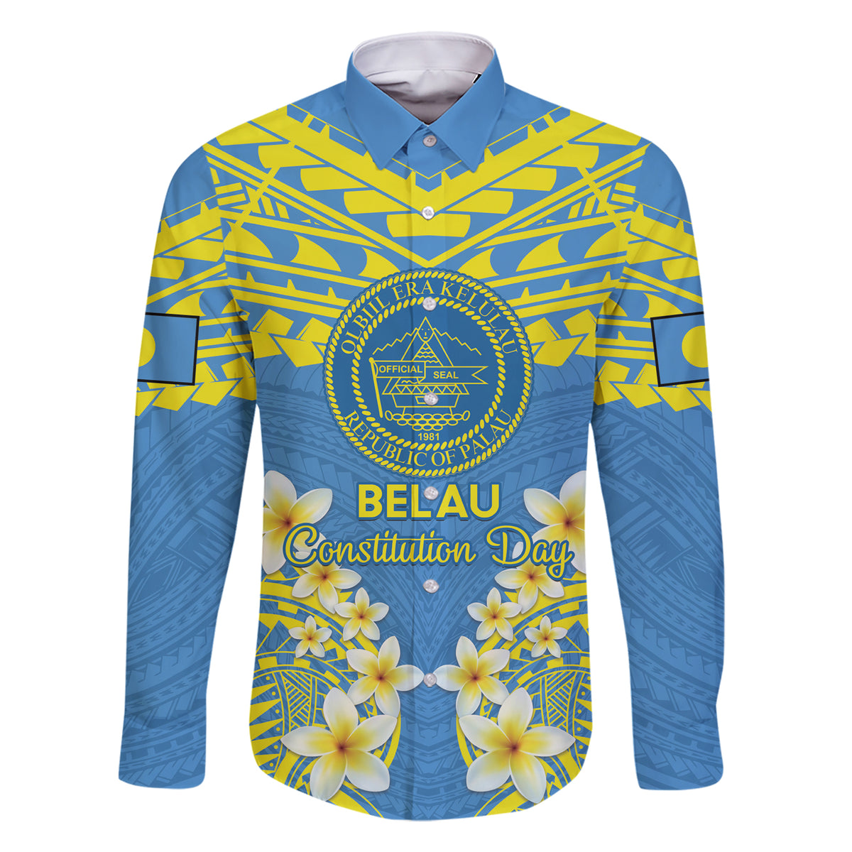 Palau Constitution Day Family Matching Short Sleeve Bodycon Dress and Hawaiian Shirt Belau Seal With Frangipani Polynesian Pattern - Blue LT14 Dad's Shirt - Long Sleeve Blue - Polynesian Pride