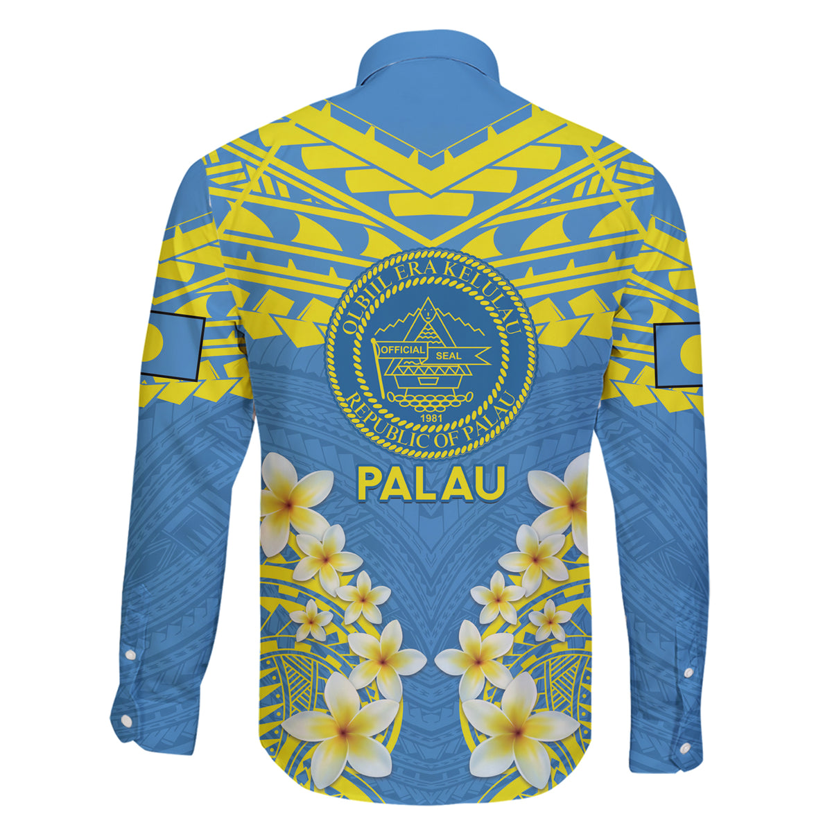 Palau Constitution Day Family Matching Short Sleeve Bodycon Dress and Hawaiian Shirt Belau Seal With Frangipani Polynesian Pattern - Blue LT14 - Polynesian Pride