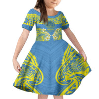 Palau Constitution Day Family Matching Summer Maxi Dress and Hawaiian Shirt Belau Seal With Frangipani Polynesian Pattern - Blue LT14 Daughter's Dress Blue - Polynesian Pride