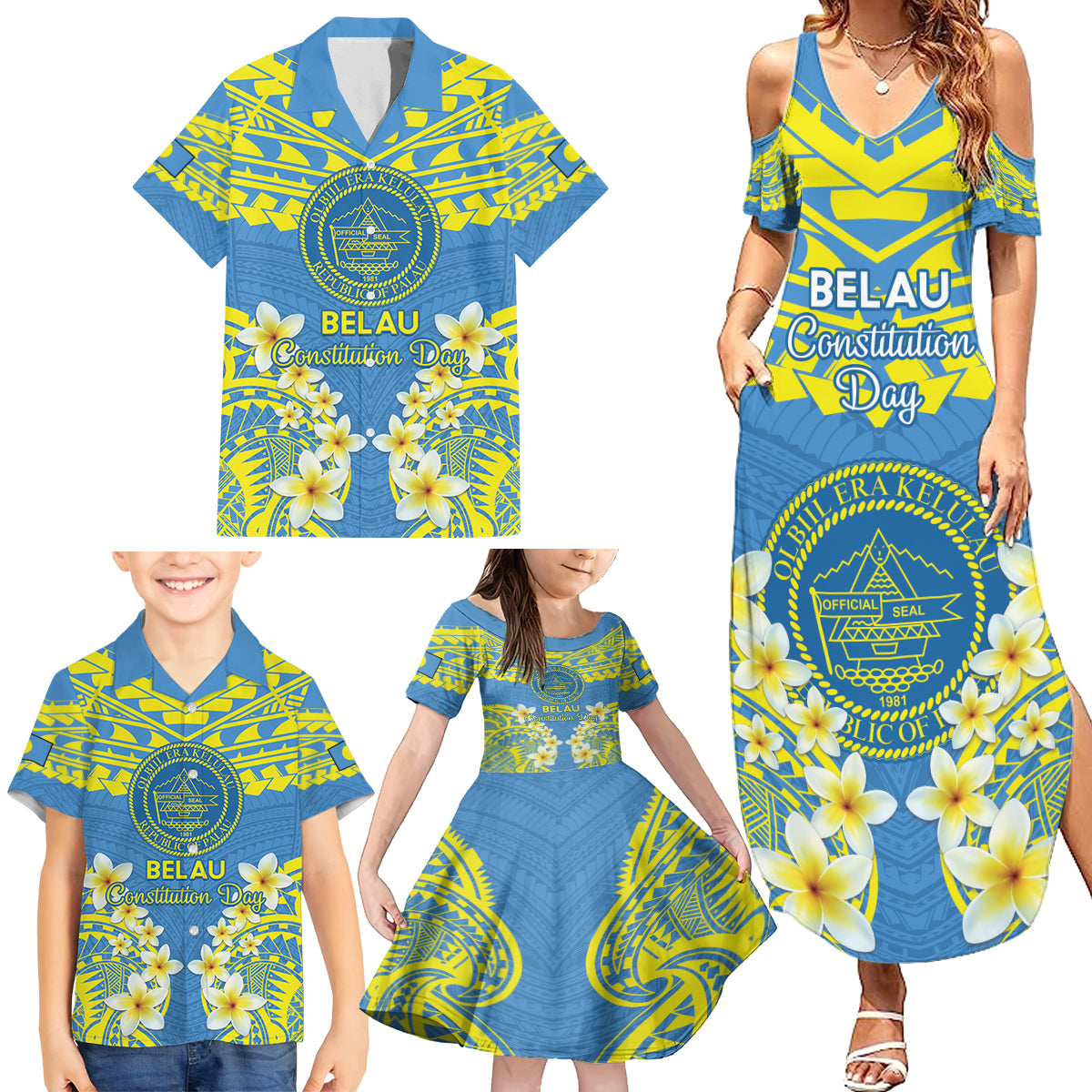 Palau Constitution Day Family Matching Summer Maxi Dress and Hawaiian Shirt Belau Seal With Frangipani Polynesian Pattern - Blue LT14 - Polynesian Pride