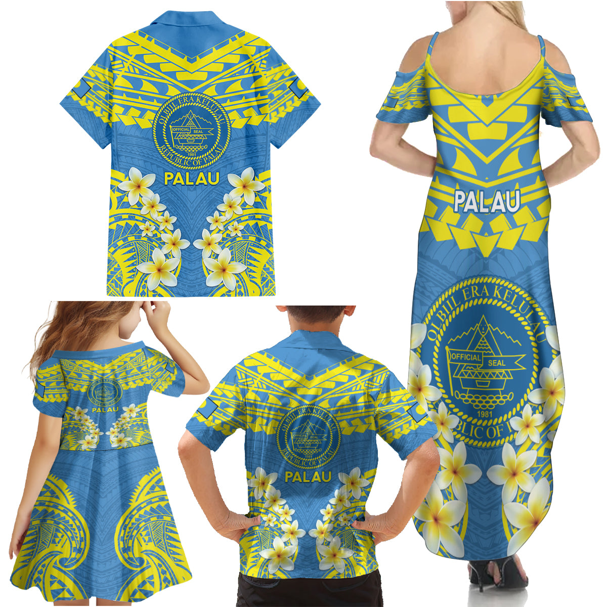 Palau Constitution Day Family Matching Summer Maxi Dress and Hawaiian Shirt Belau Seal With Frangipani Polynesian Pattern - Blue LT14 - Polynesian Pride
