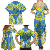 Palau Constitution Day Family Matching Summer Maxi Dress and Hawaiian Shirt Belau Seal With Frangipani Polynesian Pattern - Blue LT14 - Polynesian Pride