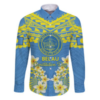 Palau Constitution Day Family Matching Summer Maxi Dress and Hawaiian Shirt Belau Seal With Frangipani Polynesian Pattern - Blue LT14 Dad's Shirt - Long Sleeve Blue - Polynesian Pride