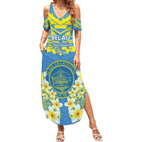 Palau Constitution Day Family Matching Summer Maxi Dress and Hawaiian Shirt Belau Seal With Frangipani Polynesian Pattern - Blue LT14 Mom's Dress Blue - Polynesian Pride