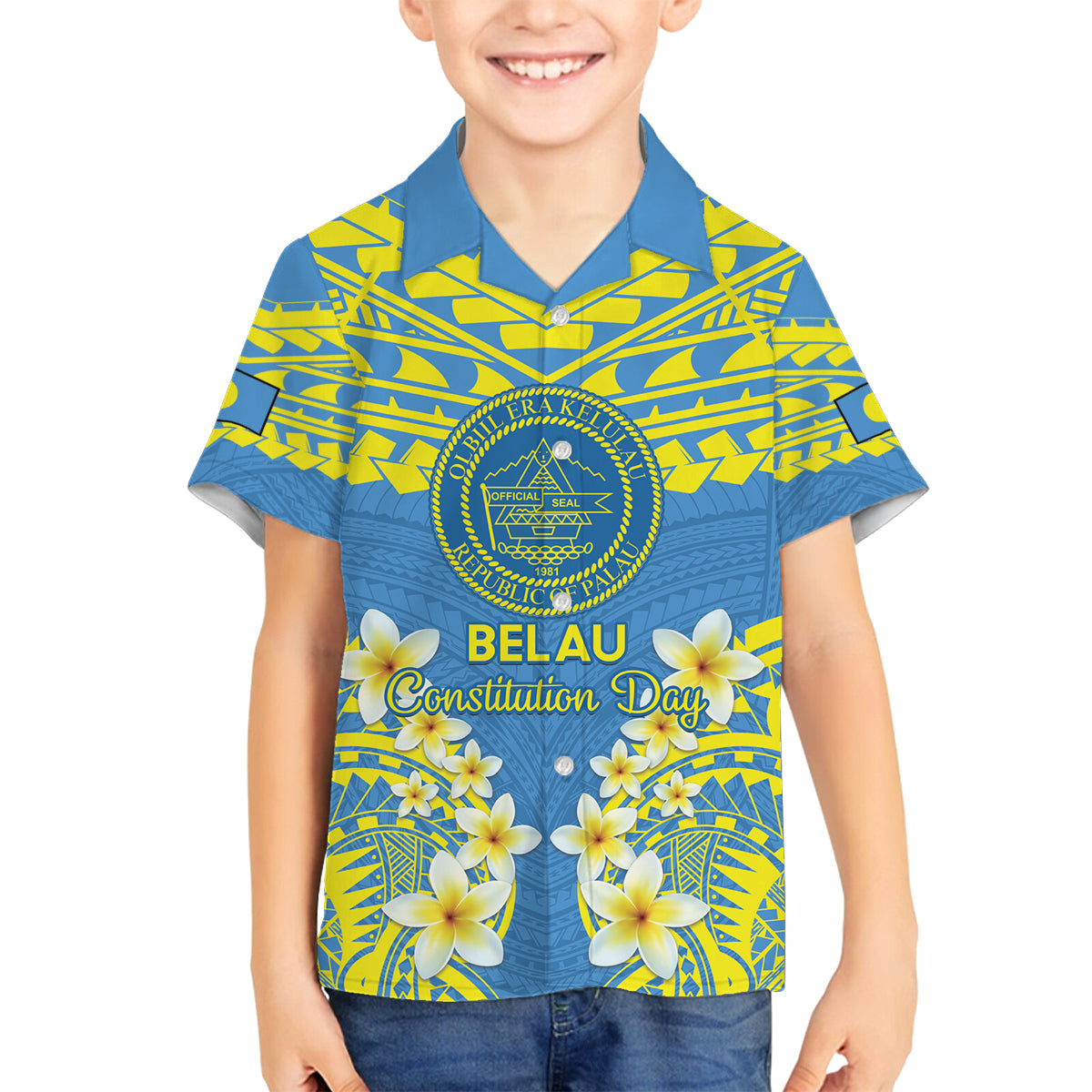 Palau Constitution Day Family Matching Summer Maxi Dress and Hawaiian Shirt Belau Seal With Frangipani Polynesian Pattern - Blue LT14 Son's Shirt Blue - Polynesian Pride