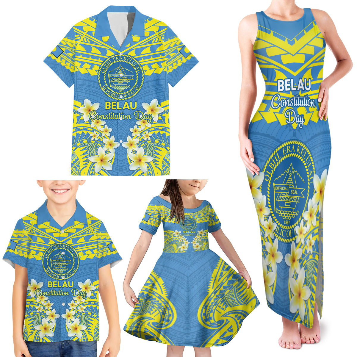 Palau Constitution Day Family Matching Tank Maxi Dress and Hawaiian Shirt Belau Seal With Frangipani Polynesian Pattern - Blue LT14 - Polynesian Pride