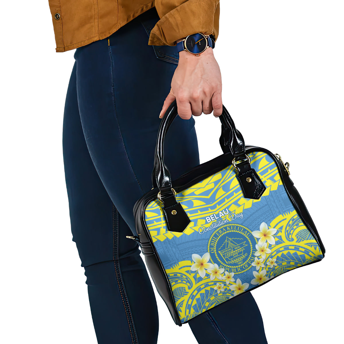 Palau Constitution Day Shoulder Handbag Belau Seal With Frangipani Polynesian Pattern - Blue LT14 - Polynesian Pride
